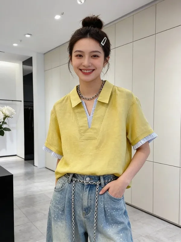 

plus Size 300 Pounds Yellow Collar Short Sleeve Shirt Women's Summer Fashion Slimming Top Casual Loose Fit Breathable Skin-Fr...