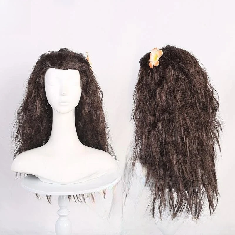 Peruka do cosplayu Moany z kwiatami, ciemnobrązowe długie kręcone włosy dla księżniczki Disneya Wayfinding