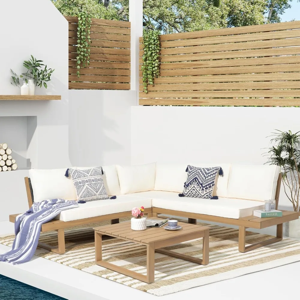 4 Piece Acacia Wood L-Shaped Outdoor Sectional Sofa Set with Built-in Side Table and Cream White Cushions, Conversation Set