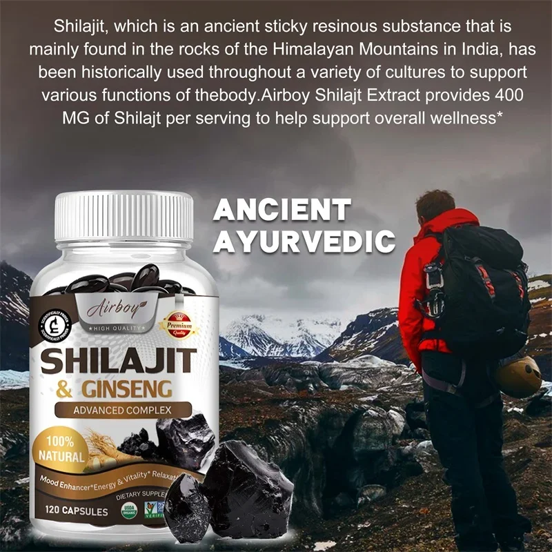 كبسولات Shilajit & Ginseng - توفر الطاقة والتحمل، وتعزز الدماغ والذاكرة ودعم المناعة