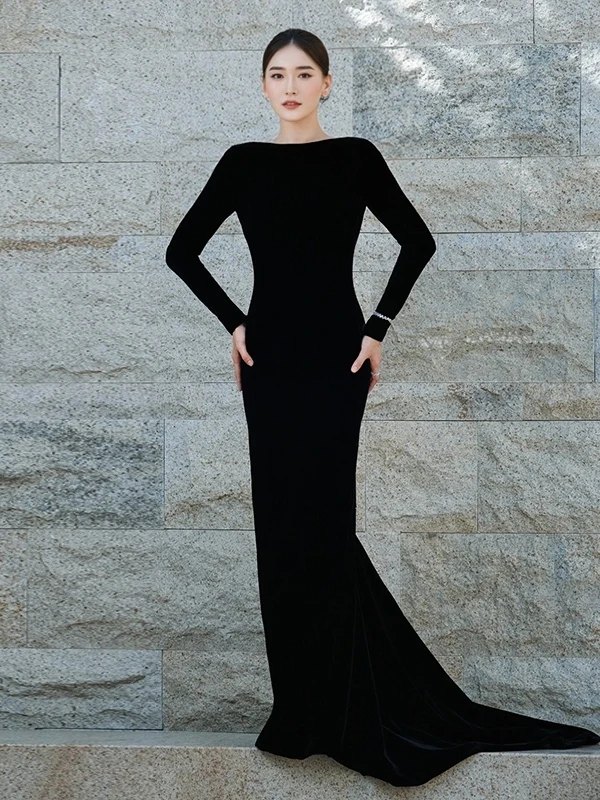 

Элегантное вечернее платье-русалка с длинными рукавами, приталенное, для женщин, для церемоний, ведущих и награждений, черное