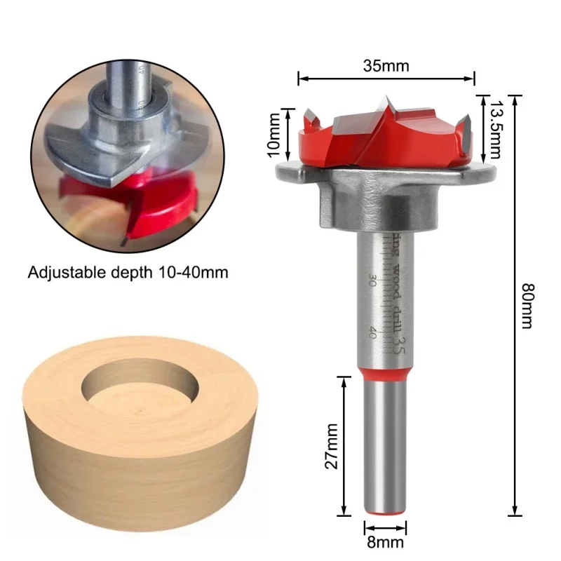 1PCS 35MM Drill Bits Adjustable Cabinet Hinge Hole Opener Woodworking Positioning Drill Bit Red Limit Positioning Hole Opener