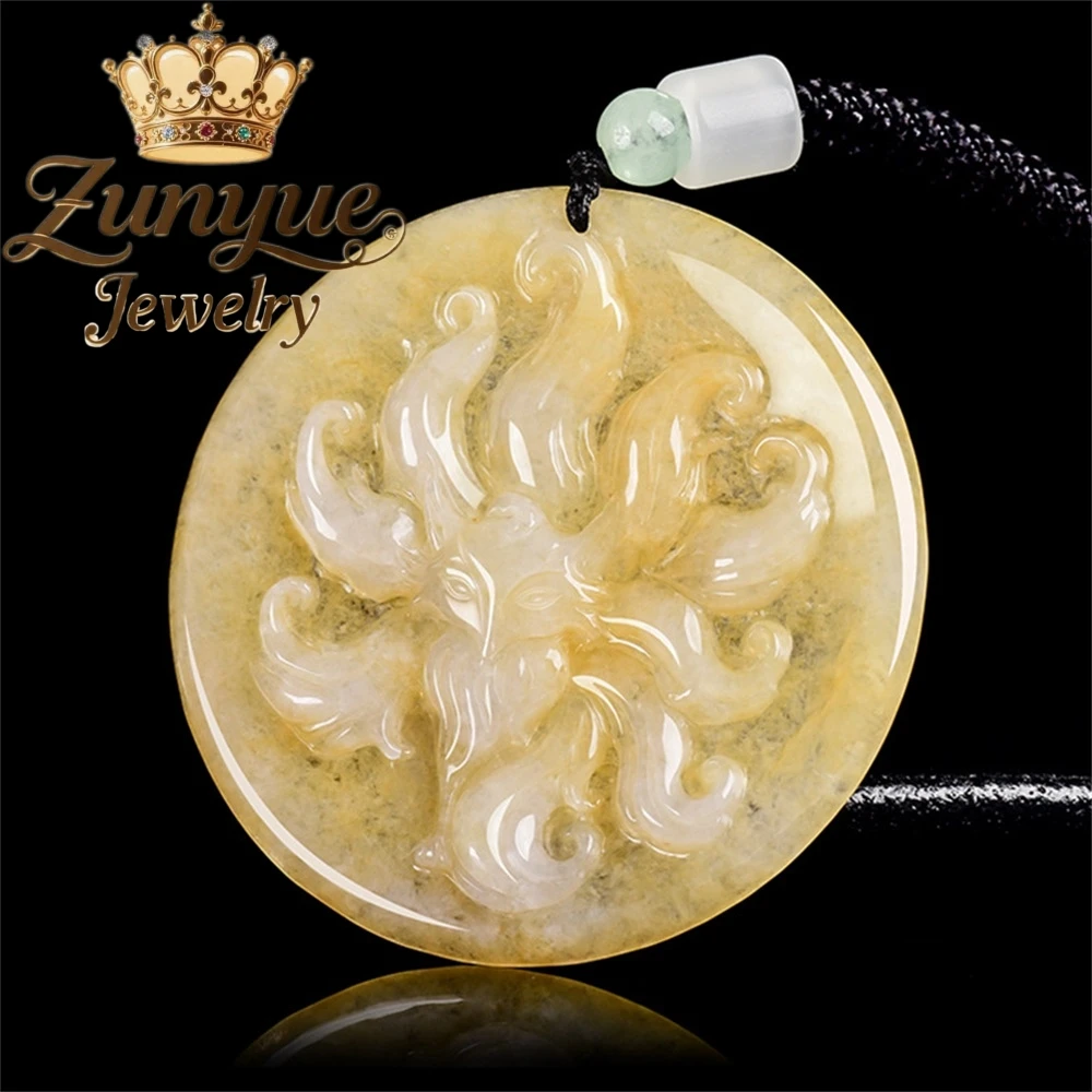 

Natural Myanmar A-grade Jade Fox Spirit Nine-Tailed Fox Burnt Yellow Craftsmanship Pendant Ice-type Jadeite Pendant Personalized