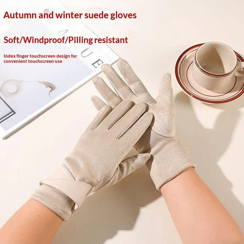Elegante Damen-Winterhandschuhe aus Wildleder, Touchscreen-kompatibel, mit Samtfutter, warm, 1 Paar für Pendeln und Dates – Detail 4