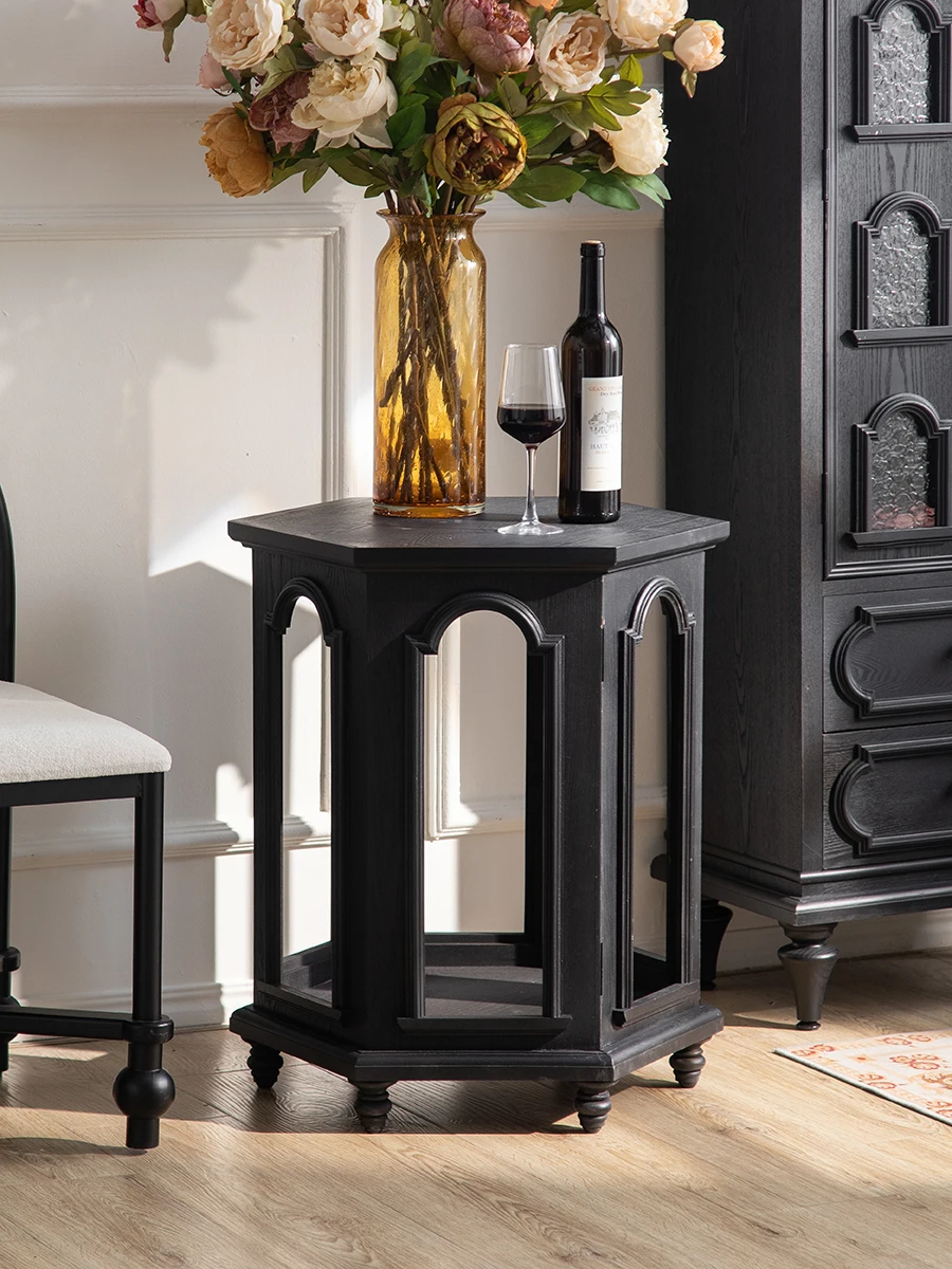 Stylish Hexagon Shape Black End Table with Arched Design, Perfect for Living Room Between Sofas