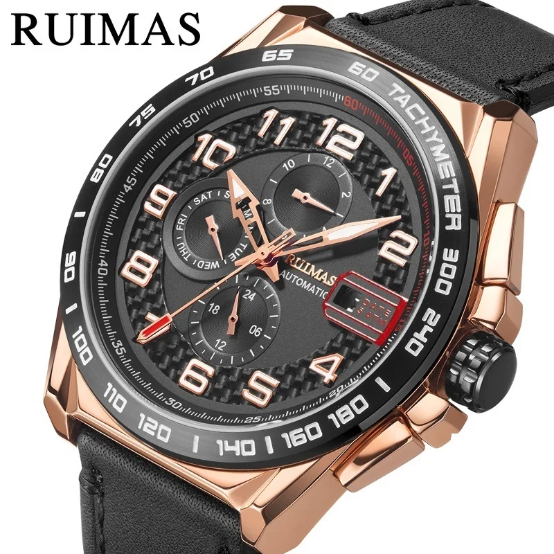 RUIMAS Saphire Crystal Automatic Self-Wind Watch Men Leather Strap Business Mechanical Male New Clock Wristwatch Erkek Kol Saati