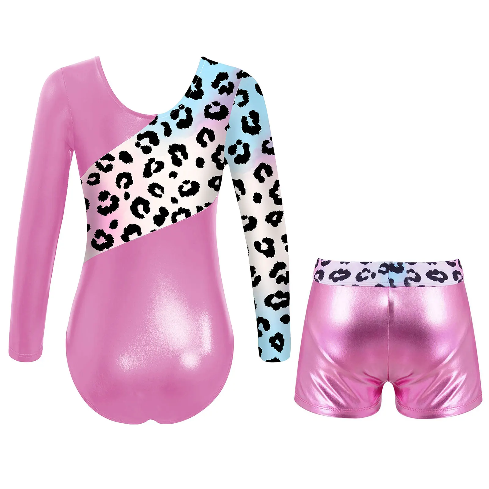 Kids Girls Ballet Dance Leopard Long Sleeve Gymnastics Leotard with Shorts Outfits Jumpsuit Bodysuit Dancewear