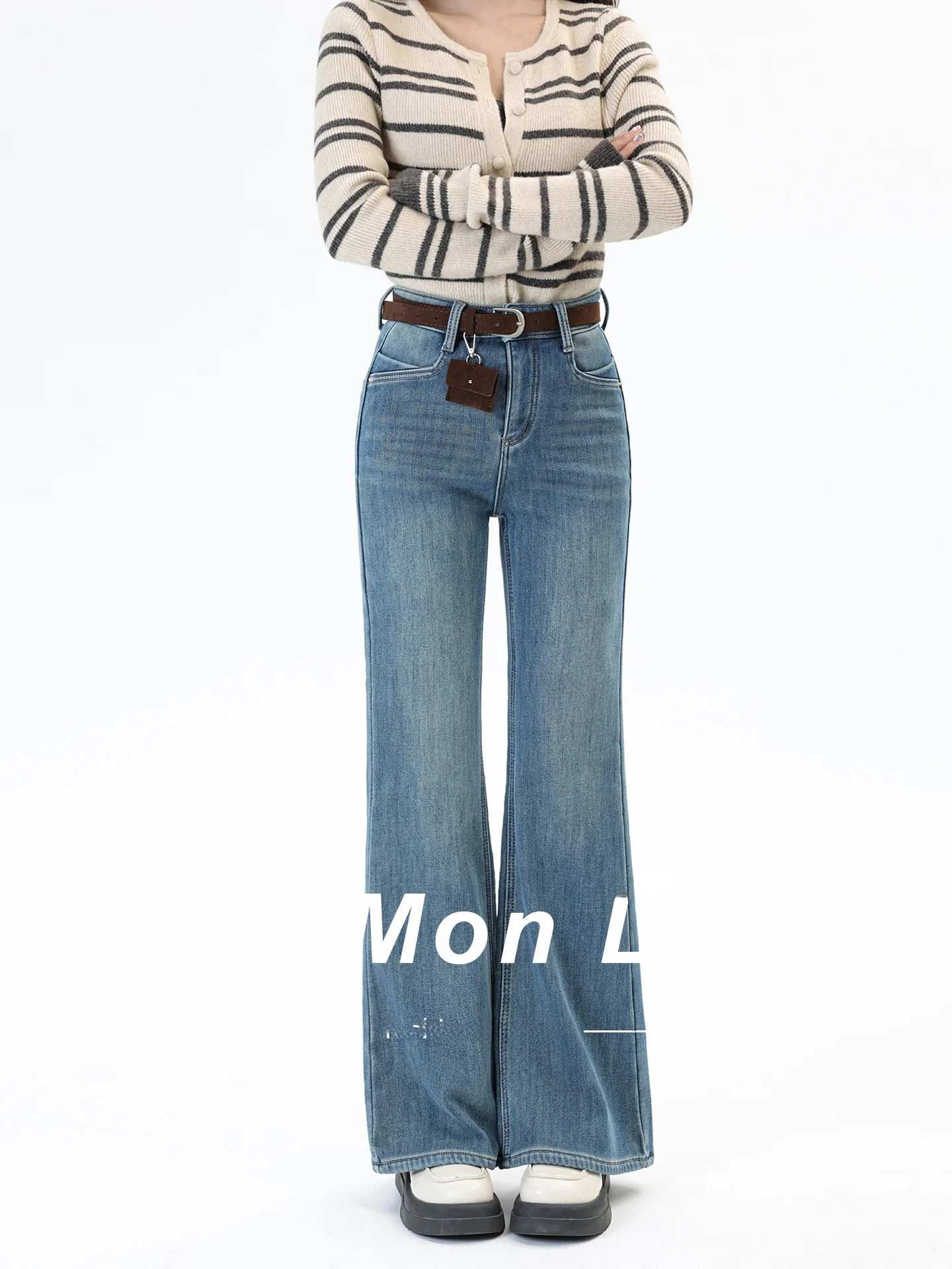 

Slim Fit Women's Denim Capri Pants Mid-Wa Distred Bootcut Trousers Korean Sle Winter Warm Faion Ladies Jeans