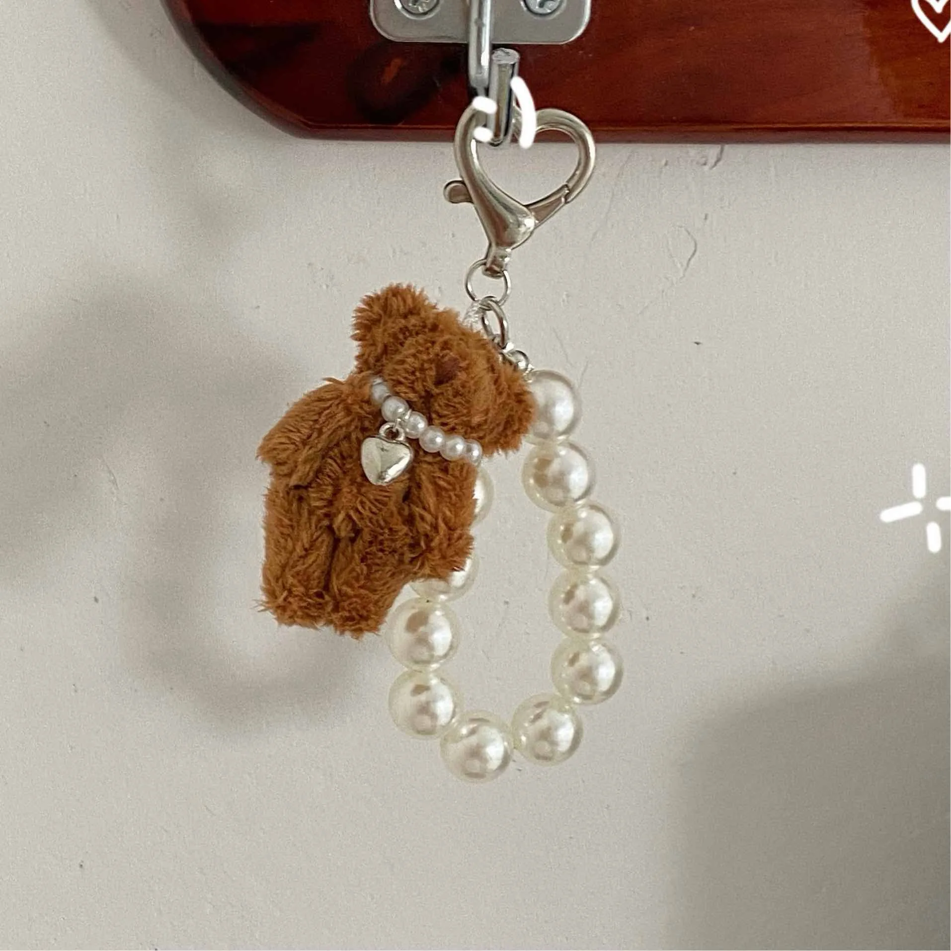 Korean Cute Fluffy Plush Bear Pearl Bowknot Pendant Keychain For Car Keys iPhone Accessories Trendy Heart Keyring Women Handbags