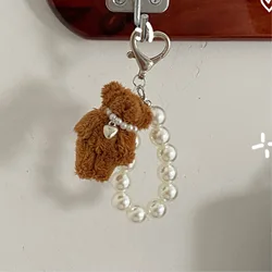 Korean Cute Fluffy Plush Bear Pearl Bowknot Pendant Keychain For Car Keys iPhone Accessories Trendy Heart Keyring Women Handbags