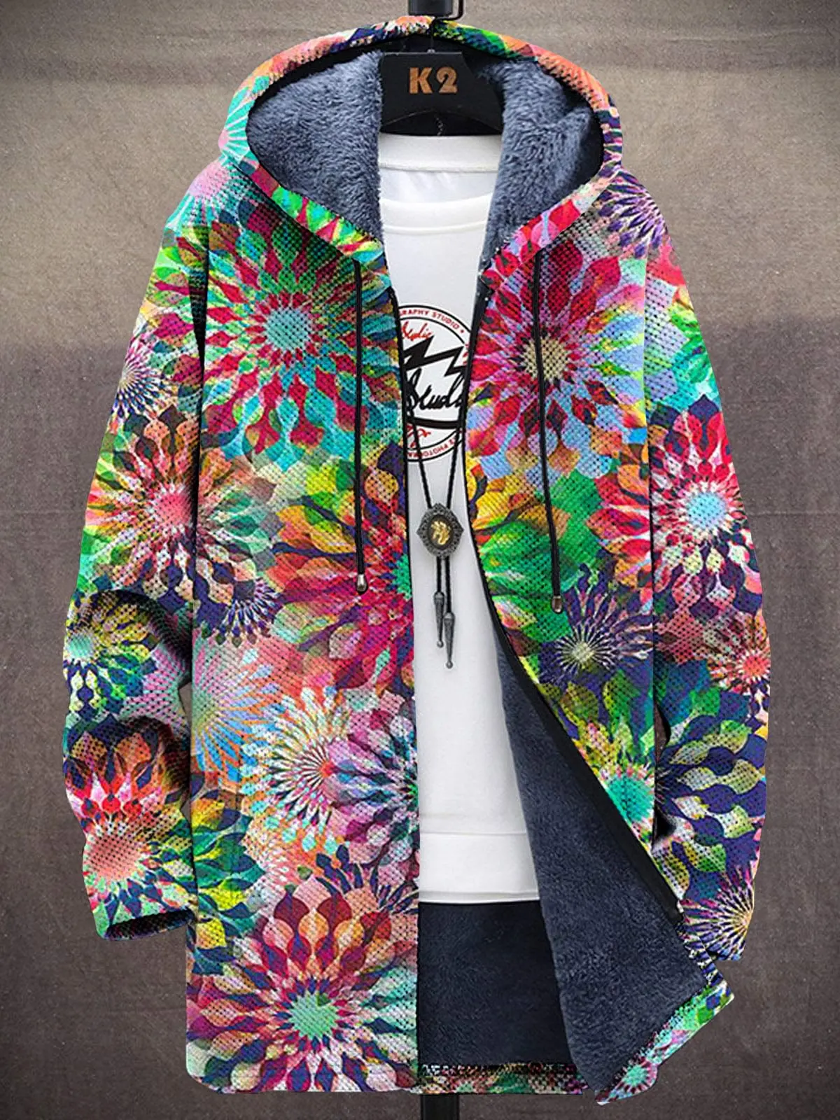 

Colorful Bright Floral Print Unisex Plush Thick Long-Sleeved Sweater Cardigan Coat Men's Thick Warm Jacket