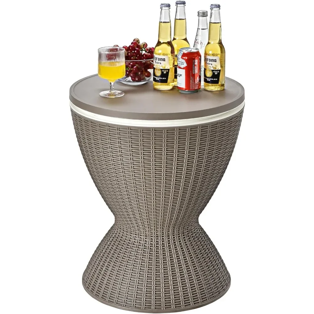 8 Gallon Party Ice Cooler Table with Ices Bucket & Height Adjustable Tabletop, Beer Wine Coolers, Rattan Patio Ice Cooler Table