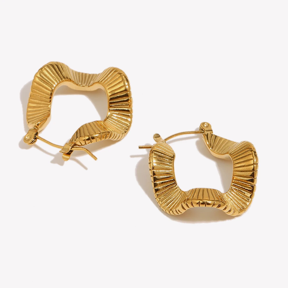 E.B.belle Tarnish Free Trendy Engraved Stripe Texture Irregular Square Jewelry Hoop Earrings For Women Stainless Steel Earring