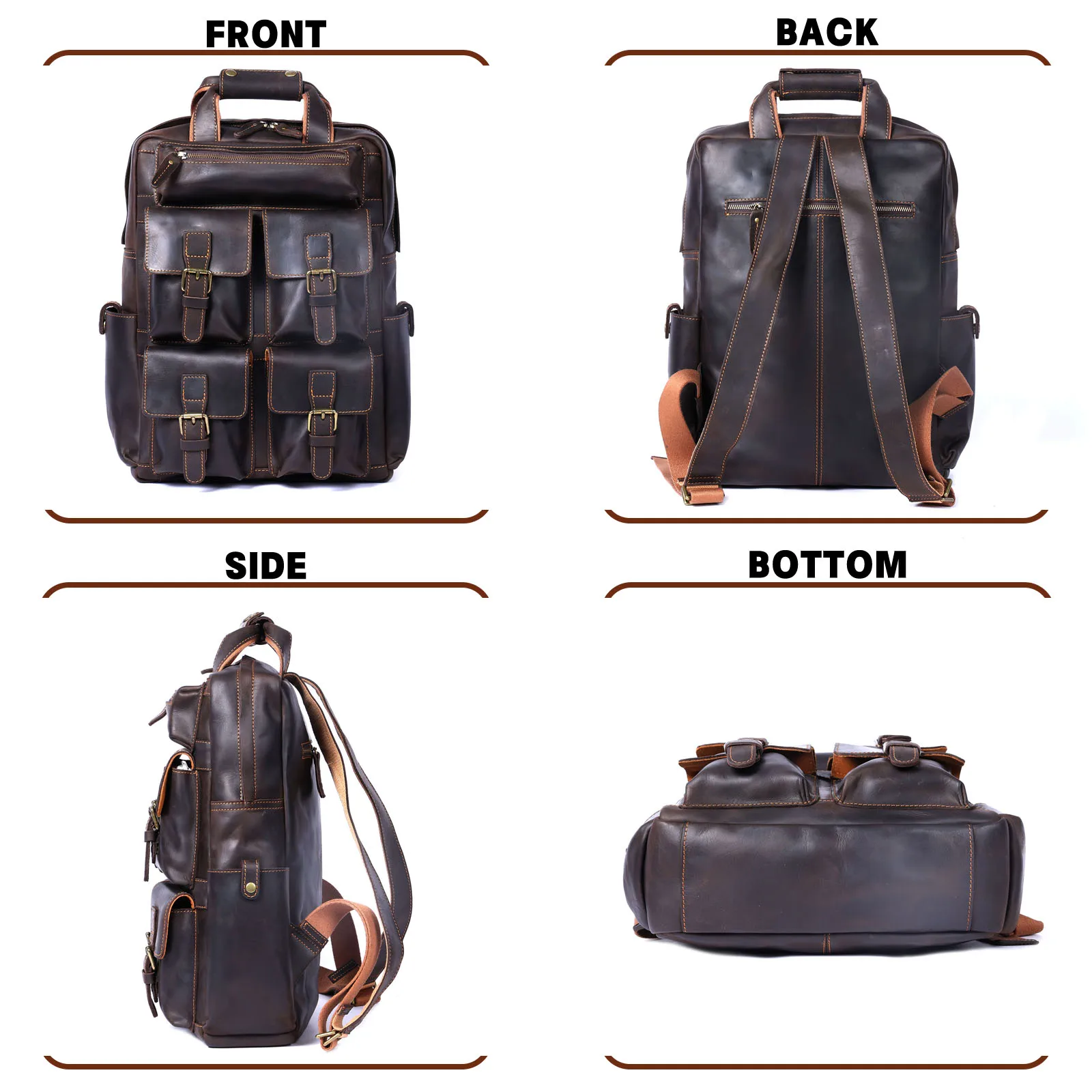 S.WORKER Vintage Echtleder-Rucksack 16 Zoll Laptop-Tasche Lässige Crazy-Horse-Leder Schultasche Outdoor-Reise-Weekender-Tasche – Detail 7