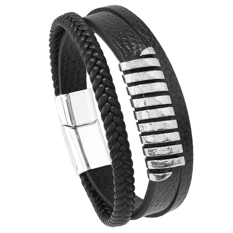 Personalized and trendy new accessories, simple multi-layer woven men's leather bracelet, creative magnetic buckle bracelet