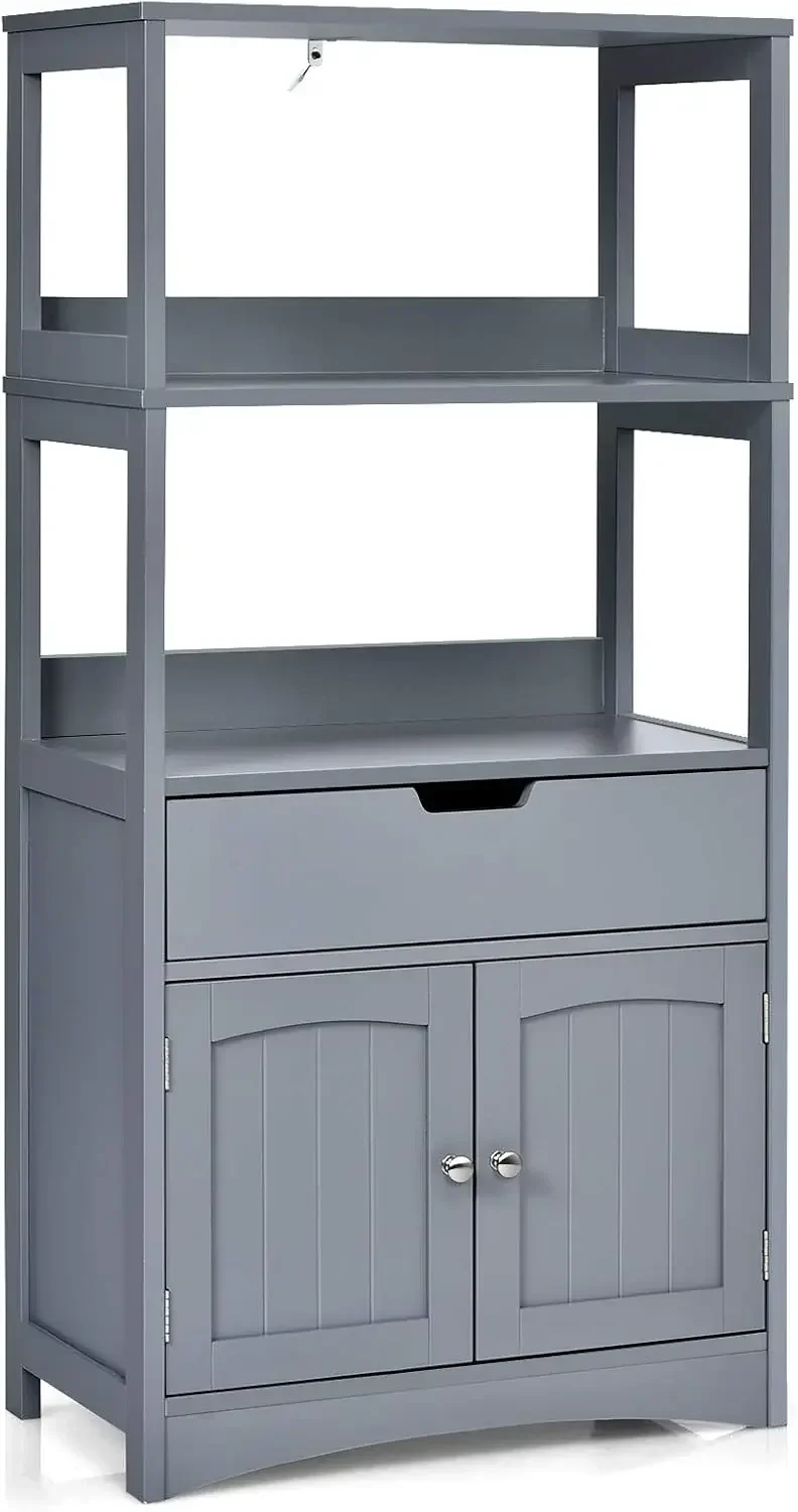 Bathroom Floor Cabinet with Drawer, 2 Open Shelves and Door Cupboard, Multipurpose Free Standing Storage Cabinet (Grey)