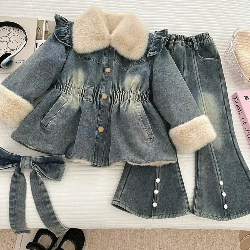 

Girls' Fleece-Lined Denim Jacket Set Winter New Baby Fleece-Lined Denim Jacket Flared Pants Two-Piece Set
