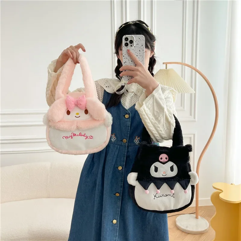 My Melody Anime Kawaii Sanrio Ins Kawaii Plush Handbag Cute Cartoon Kuromi Fashion Phone Storage Bag Purse Gifts for Girls