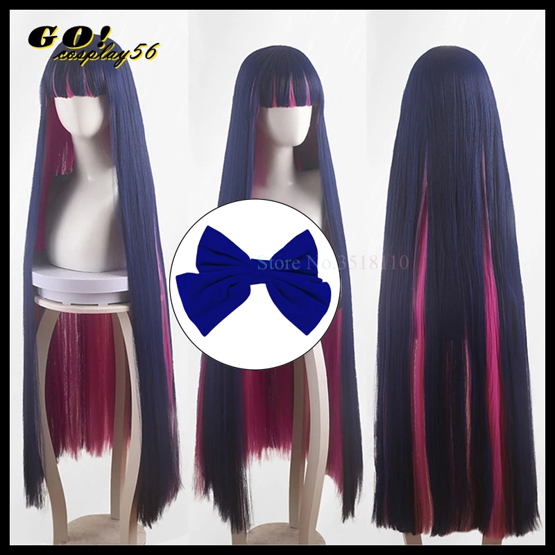 Stocking Anarchy Cosplay Wig Blue Bow Panty Stocking with Garterbelt 120cm Long Straight Navy Pink Synthetic Hair Headwear