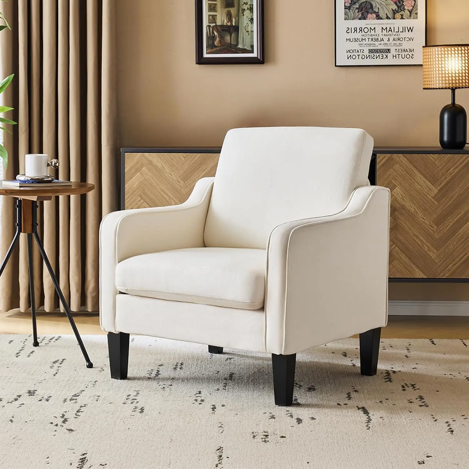 Beige Upholstered Accent Armchair Mid Century Modern Line Pattern Living Room Bedroom Office Small Space, Customized