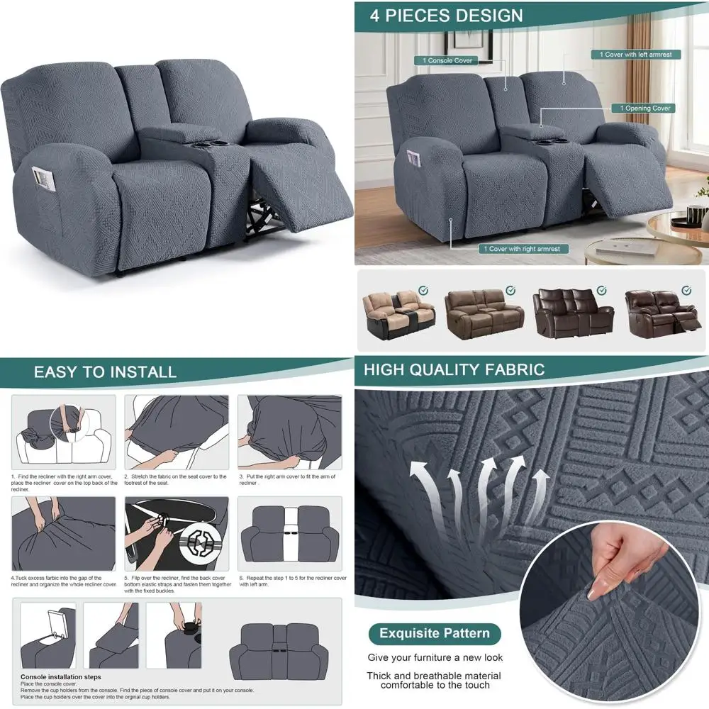 

4-Piece Recliner Sofa Covers with Pockets, Jacquard Loveseat Recliner Covers, Stretch Couch Covers for Reclining Sofas