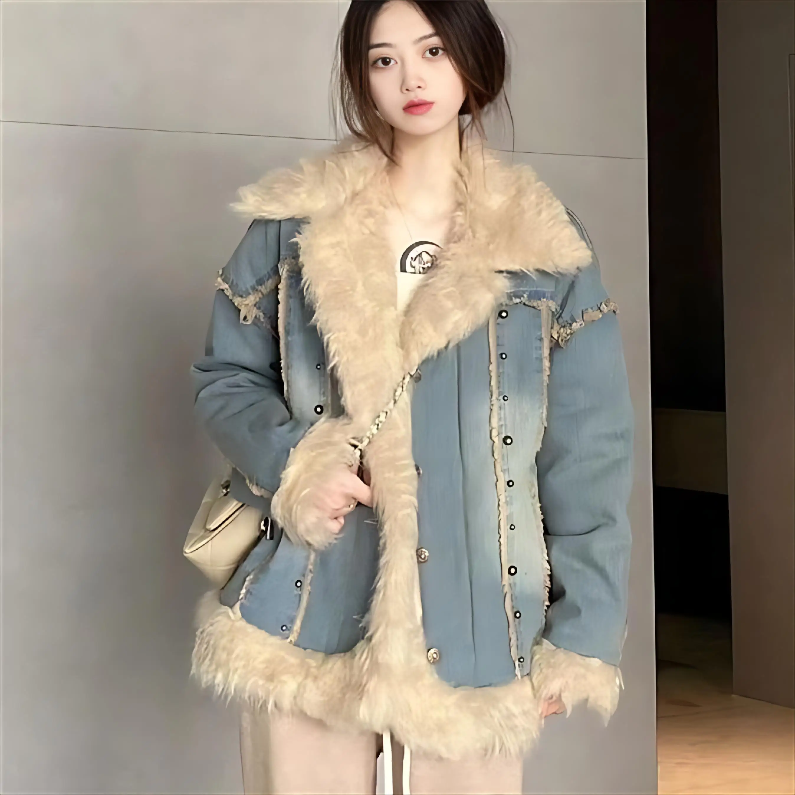 

Джинсовые пальто для женщин, куртки с длинными розовыми рукавами и лацканами, женские меховые плюшевые женские осенние утягивающие куртки из софтшелла с несколькими карманами, элегантный шик