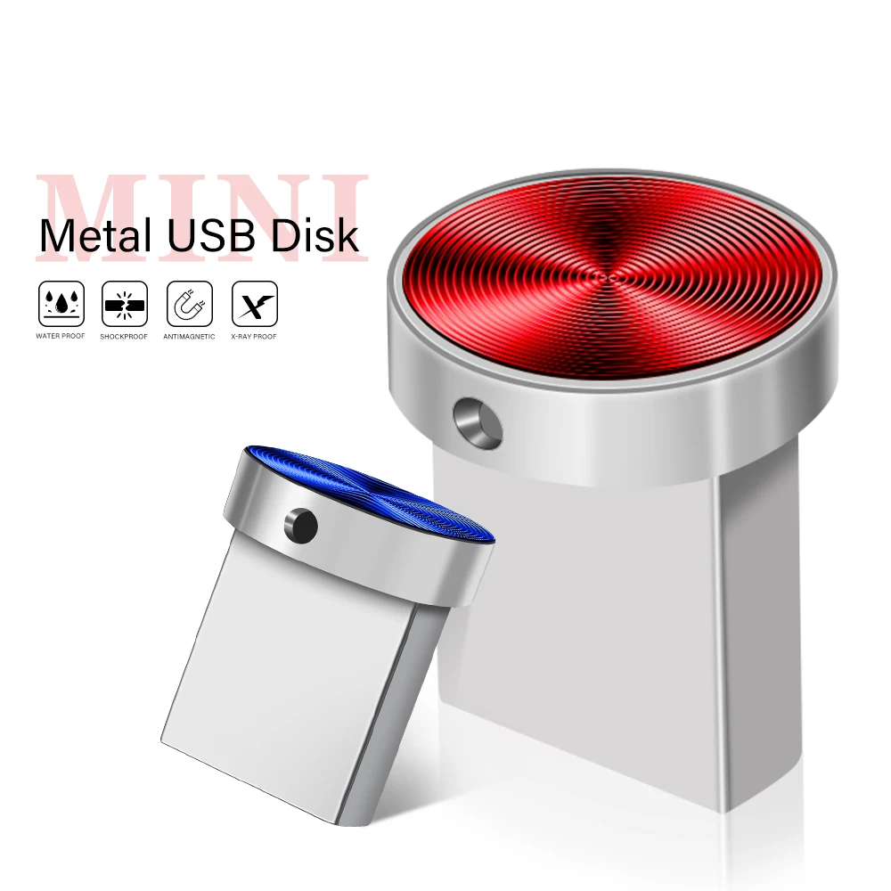 Mini clé USB avec bouton en métal, clé USB, clé USB argentée, clé USB, stockage externe rouge, cadeau créatif, bleu, 64 Go, 32 Go, 16 Go