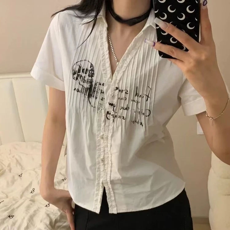 Y2k Aesthetics Pleated Shirt Grunge Gothic Skull Print White Shirts Trashy 2000s Style V-neck Blouses Japanese Harajuku