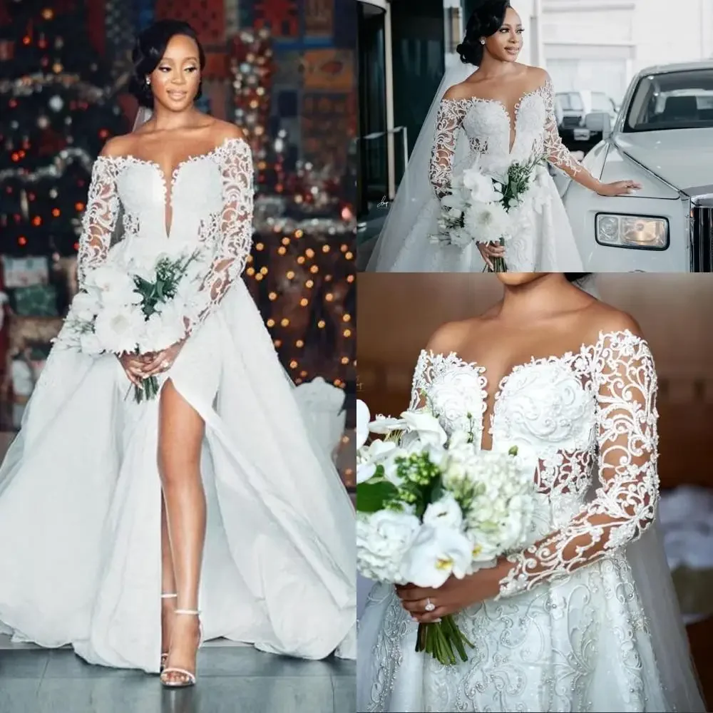 

Customized African Mermaid Wedding Dress Bridal Gowns Detachable Train Off The Shoulder Long Sleeves Lace Appliqued Crystal Pear