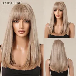 LOUIS FERRE Ash Blonde Natural Synthetic Wigs Medium Straight Hair Wig With Bangs For Women Daily Party Use Heat Resistant Fiber