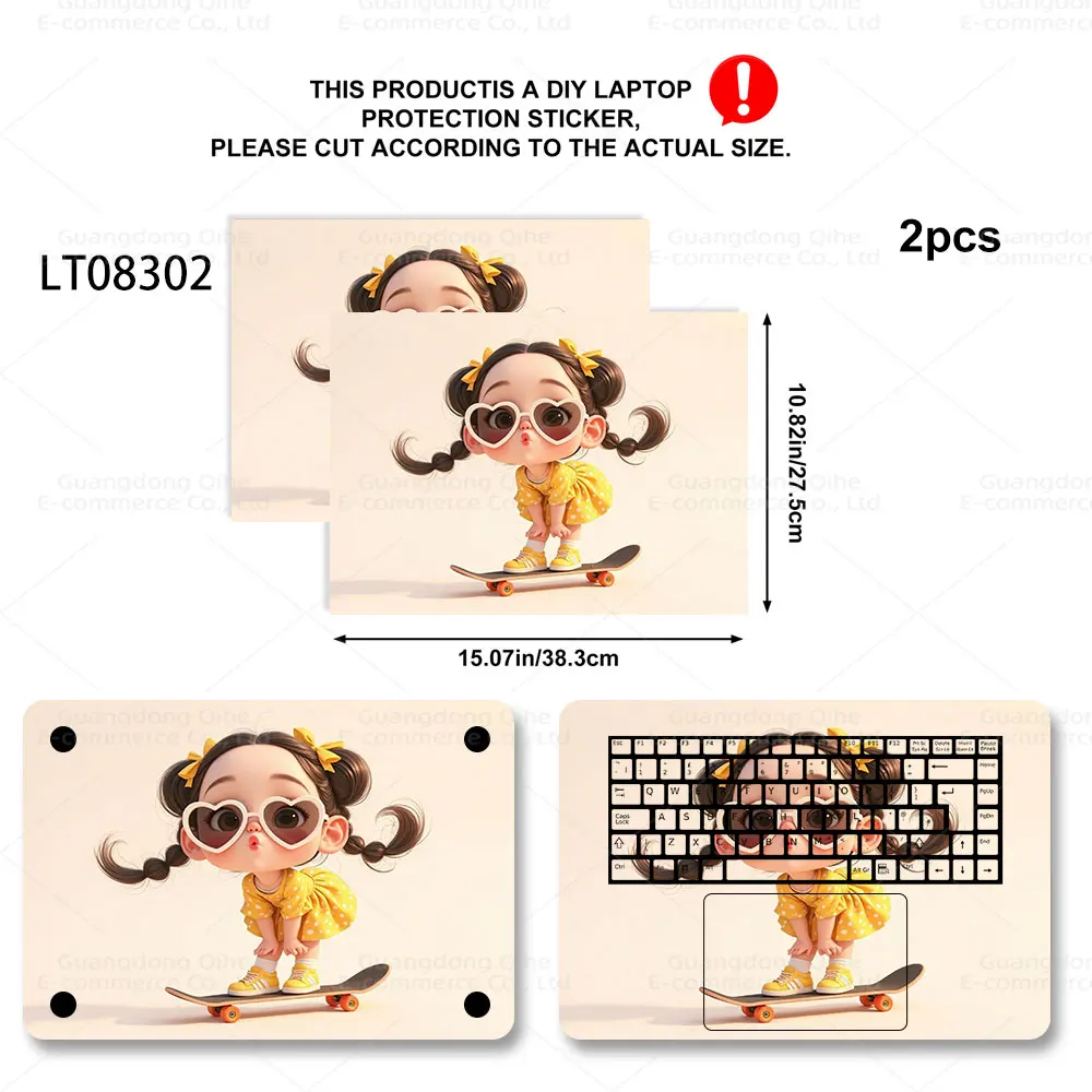 2PCS Cute Cartoon Girl Laptop Skin Sticker, Pink Heart Skateboard Decal Cover for Macbook HP Dell Lenovo