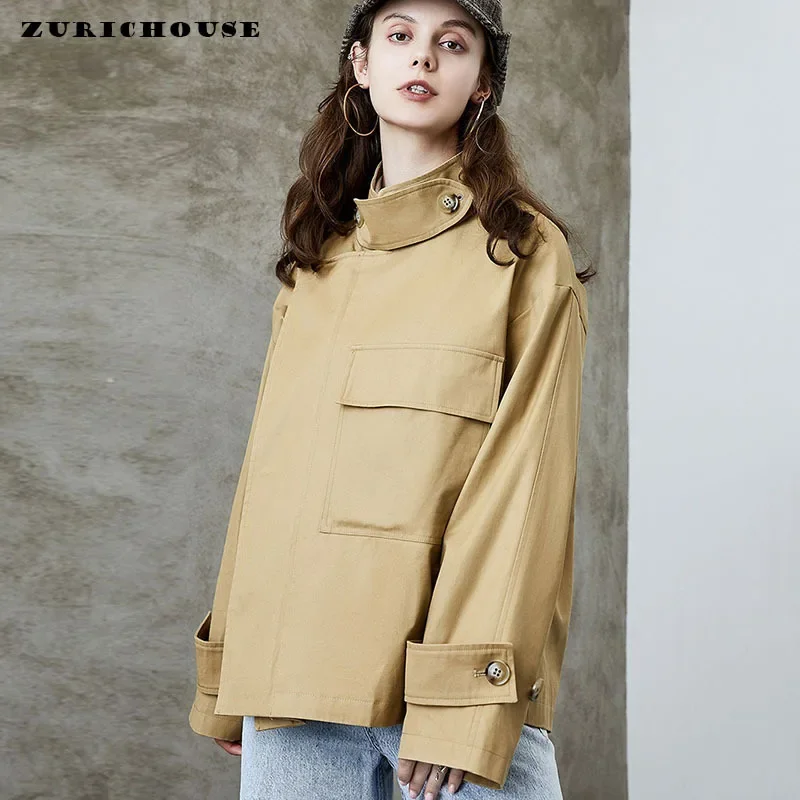 

High-end Solid Simple Short Women's Trench Coat 2024 New Stand Collar Loose-fit Casual Cargo Windbreaker Jacket Female