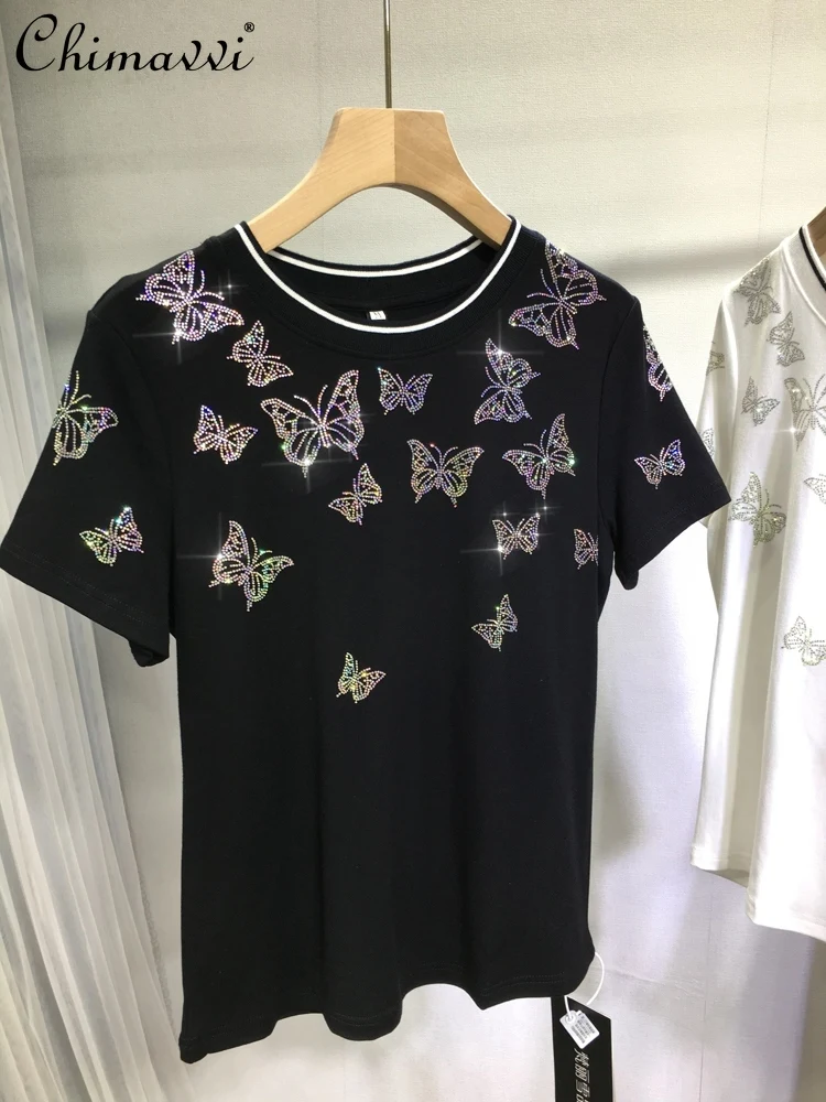 

European Heavy Hot Drilling Top Women Fashion Shiny Butterfly-Patterned Short Round Neck Top Summer New Short Sleeve Tshirts