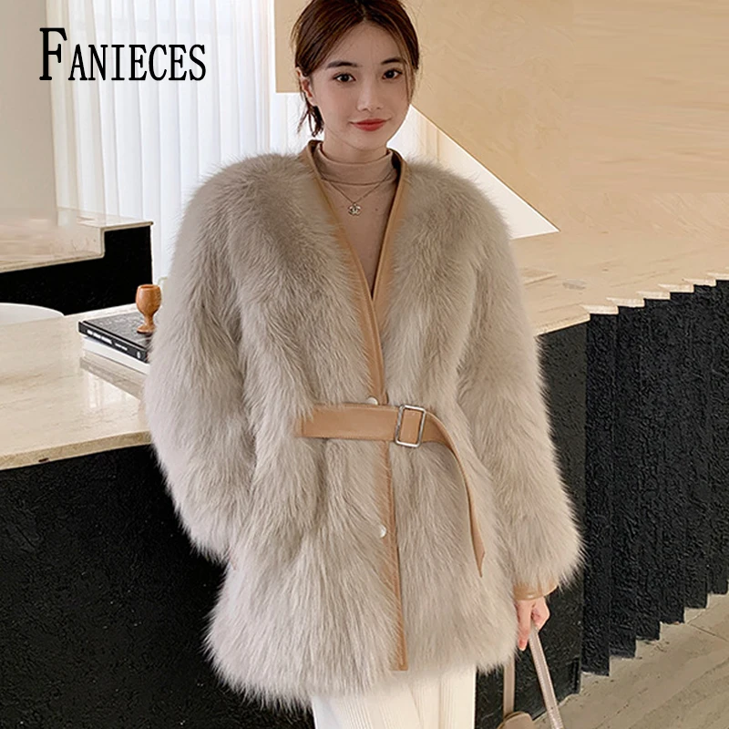 

FANIECE Elegant Women V Neck Faux Fur Coat With Leather Belt Winter Plush Khaki Imitation Fur Jacket Fashion Streetwear Overcoat