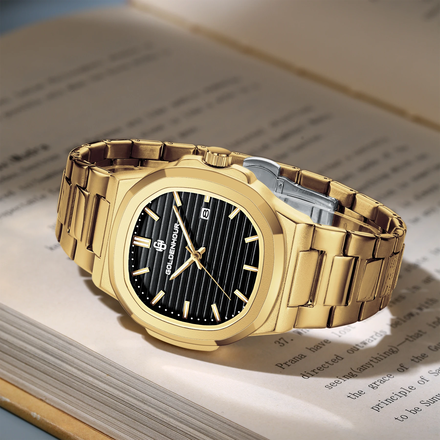 GOLDEN HOUR Brand Luxury Business Men Watches Gold Stainless Steel Waterproof Quartz Watch Luminous Date Men's Fashion Wristwatc