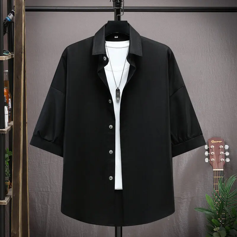 2025 ilkbahar/yaz erkek yüksek kaliteli kısa kollu yedi çeyrek kollu gömlek, yaz düz renk üst, nefes alabilen ve hafif