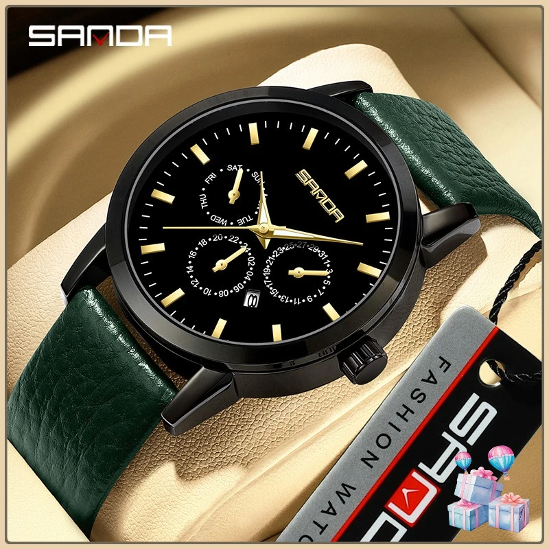 

#@Sanda brand watch men's fashion three-eye six-needle quartz watch simple calendar mesh belt waterproof men's watch wholesale