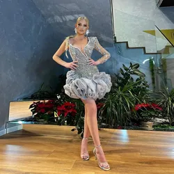 Luxury Ruffles Short Prom Dresses V Neck One Shoulder Beading Crystal Evening Gowns Sparkle Mini Cocktail Dress Custom Made