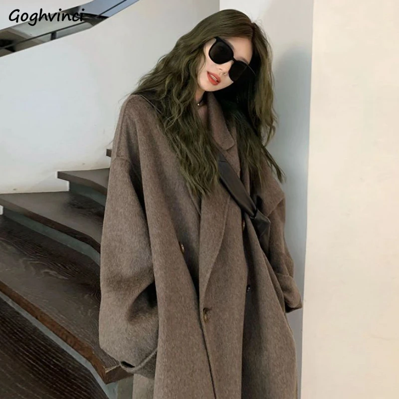 

Women Korean Woolen Blends Coats Solid Fashion Autumn Winter Long Coat Sweet Temper Female Streetwear Double-breasted Outerwear