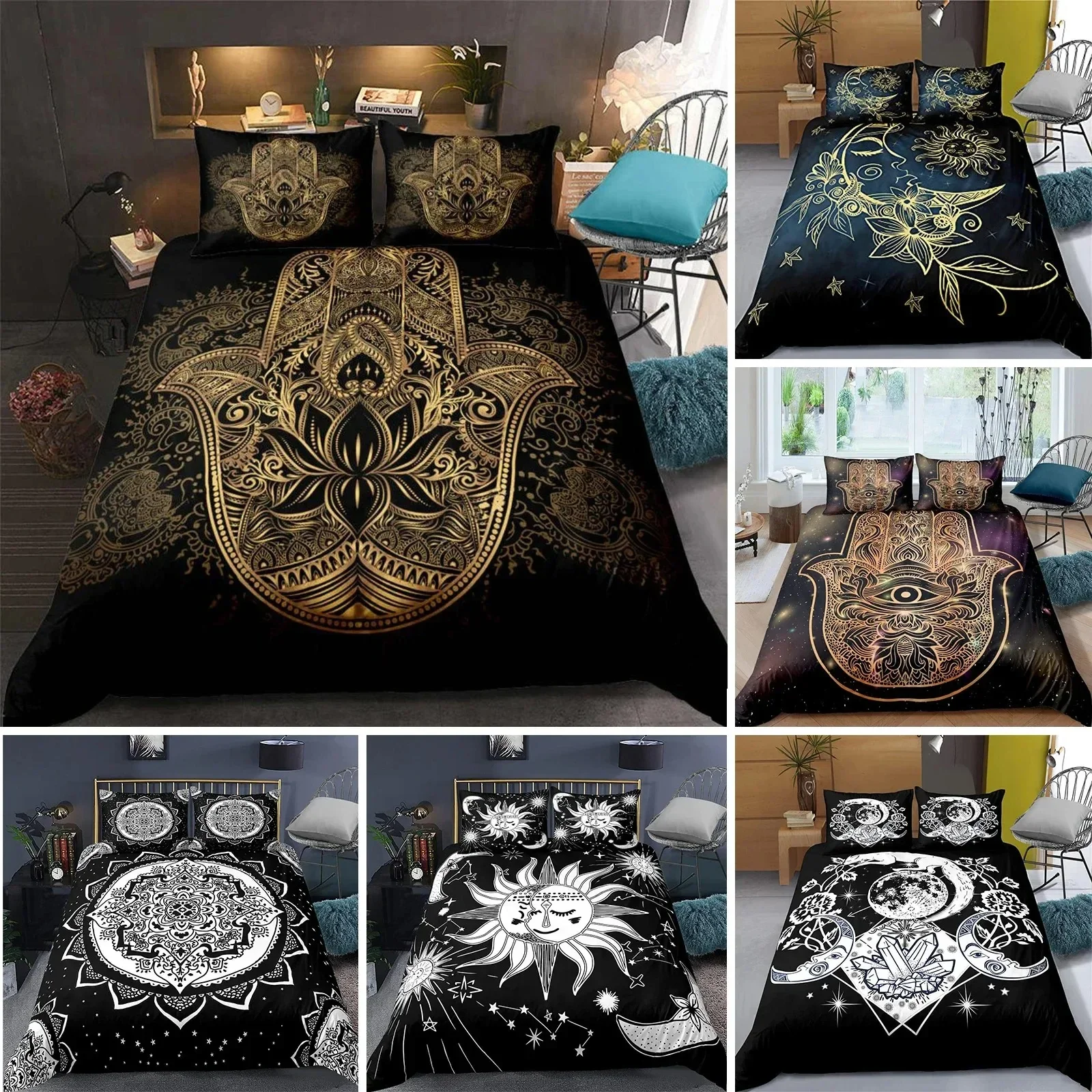 

Hamsa Hand Bedding Set Boho Mandala Duvet Cover Set Black Gold Bohemia Bed Set Fatima Hand bed linen Lucky Hand Quilt Cover
