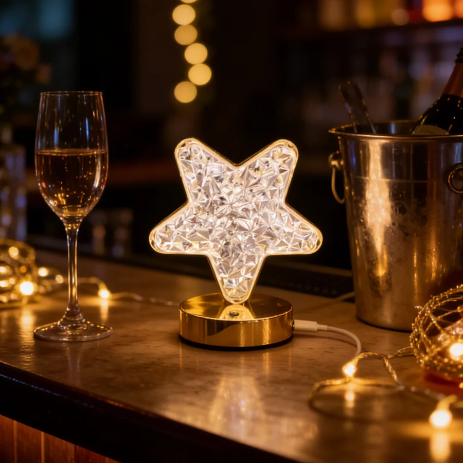 1PC Aesthetic Star Shaped Crystal Lamp | USB Charging Touch Control | Luxury Gold Base Decorative Light for Party & Gift