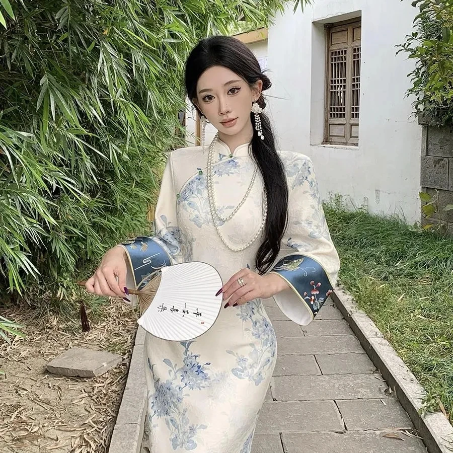 

New Chinese Style National Style Cheongsam Improved Young People Fashionable Printed Slim DDress 2025 Spring Autumn Dress Trend