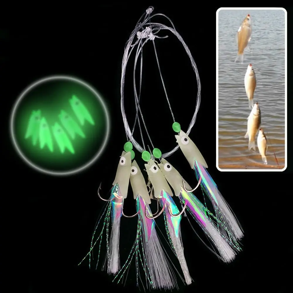 5Pcs/Set Swim Portable Carbon Steel  Soft Silicone head  Tied up Glow fish lure long tail  String hook Soft bait