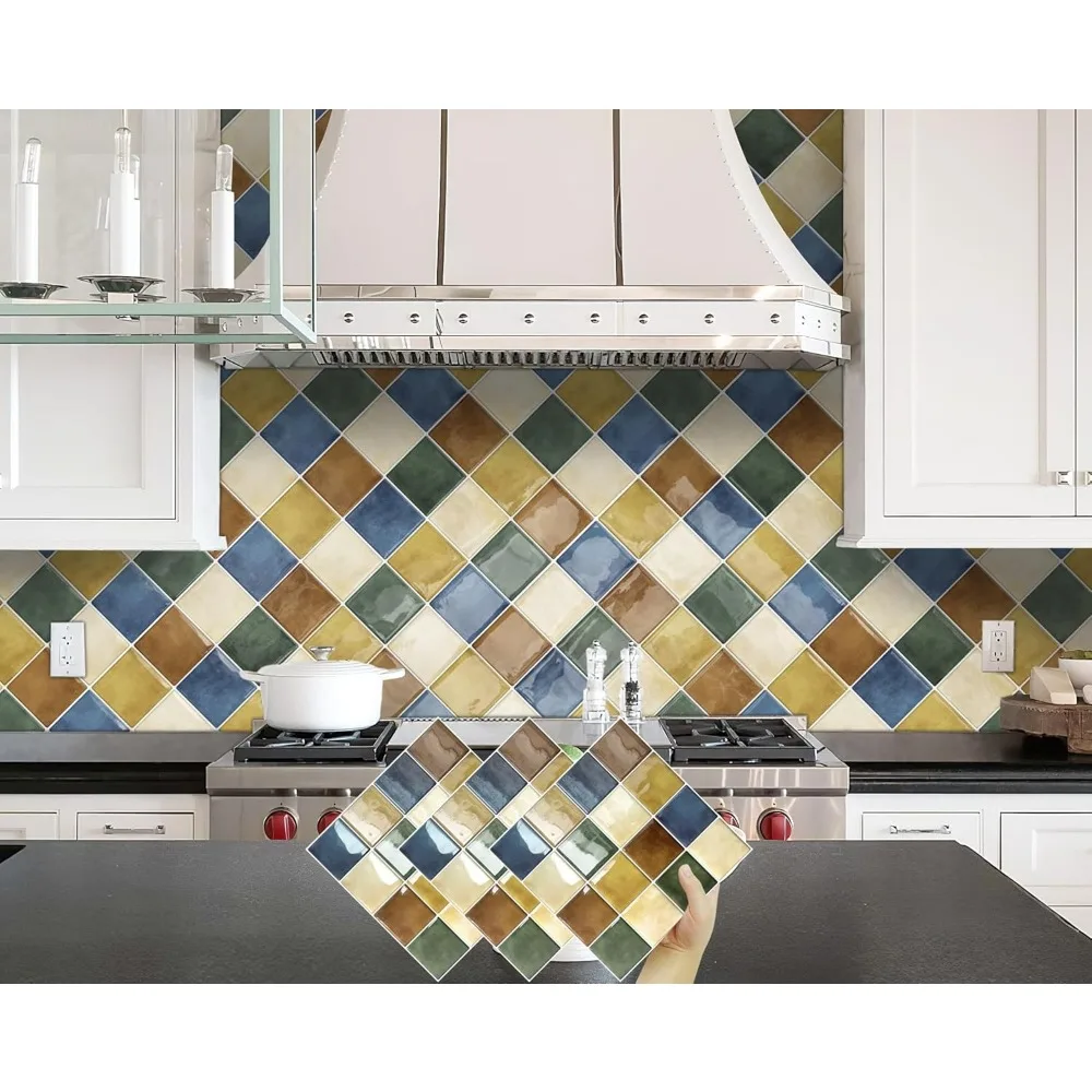 Piastrelle colorate per backsplash da cucina, bagno, quadrate, autoadesive, per piastrelle da parete, adesivi a scacchiera, multico