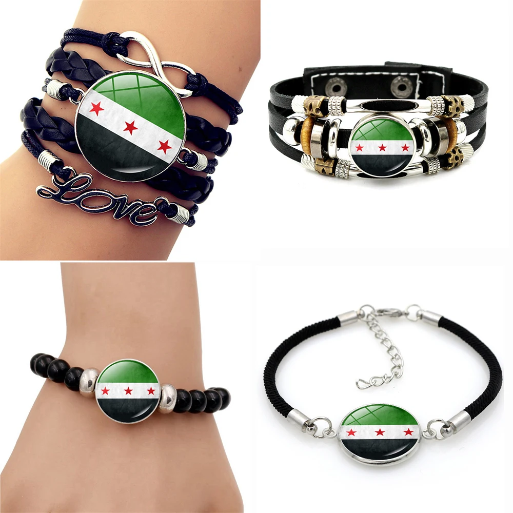 New Syria National Flag Glass Cabochon Bracelet Syrian Hand Strap For Women Men Handmade Weaving Syria Hand Rope Jewelry Gift