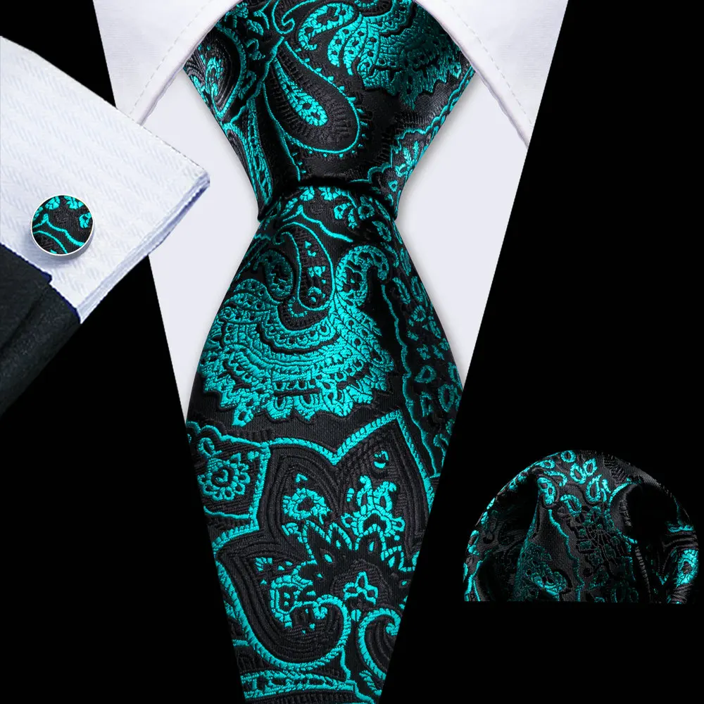 

Teal Black Men's Tie With Pocket Square Cufflink Set Fashion Paisley Silk Suit Necktie For Male Formal Designer Party Barry.Wang