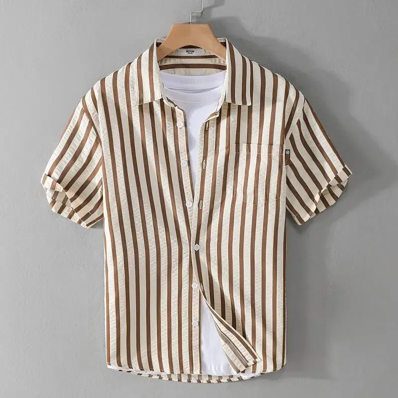 

Shirts for Men with Pocket Striped Short Sleeve Man Shirt Tops Original High Quality Luxury Sleeves Slim Fit Cotton Normal Sale