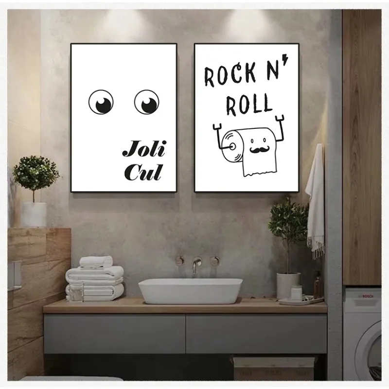 لوحات قماشية اسكندنافية بالأبيض والأسود ، ملصقات حمام مضحكة ، لافتة حمام ، رسم جداري ، مطبوعات لديكور غرفة المرحاض