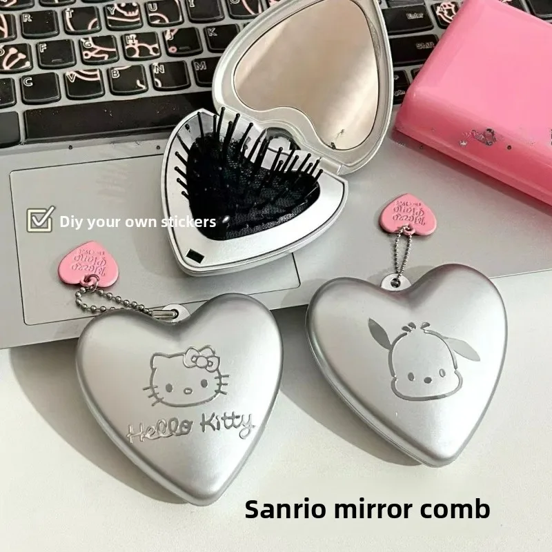 

New Cute Cartoon Heart-Shaped Folding Mirror Comb DIY Airbag Kitty Portable Makeup Mirror Dual-purpose and Portable