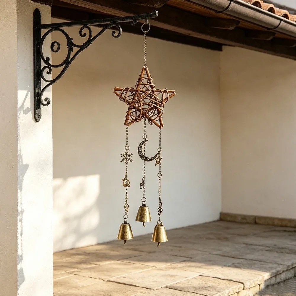 Pastoral Style Rattan Woven Wind Chime Textured Frame Hand Woven Door Hanging Five-pointed Star Tinkling Sound